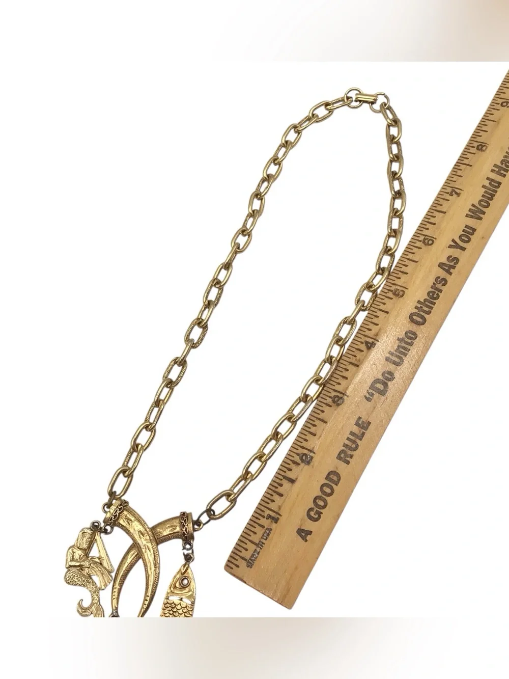 Vintage Gold-tone Hand Charm Talisman Necklace, Fish, Mermaid, Clover